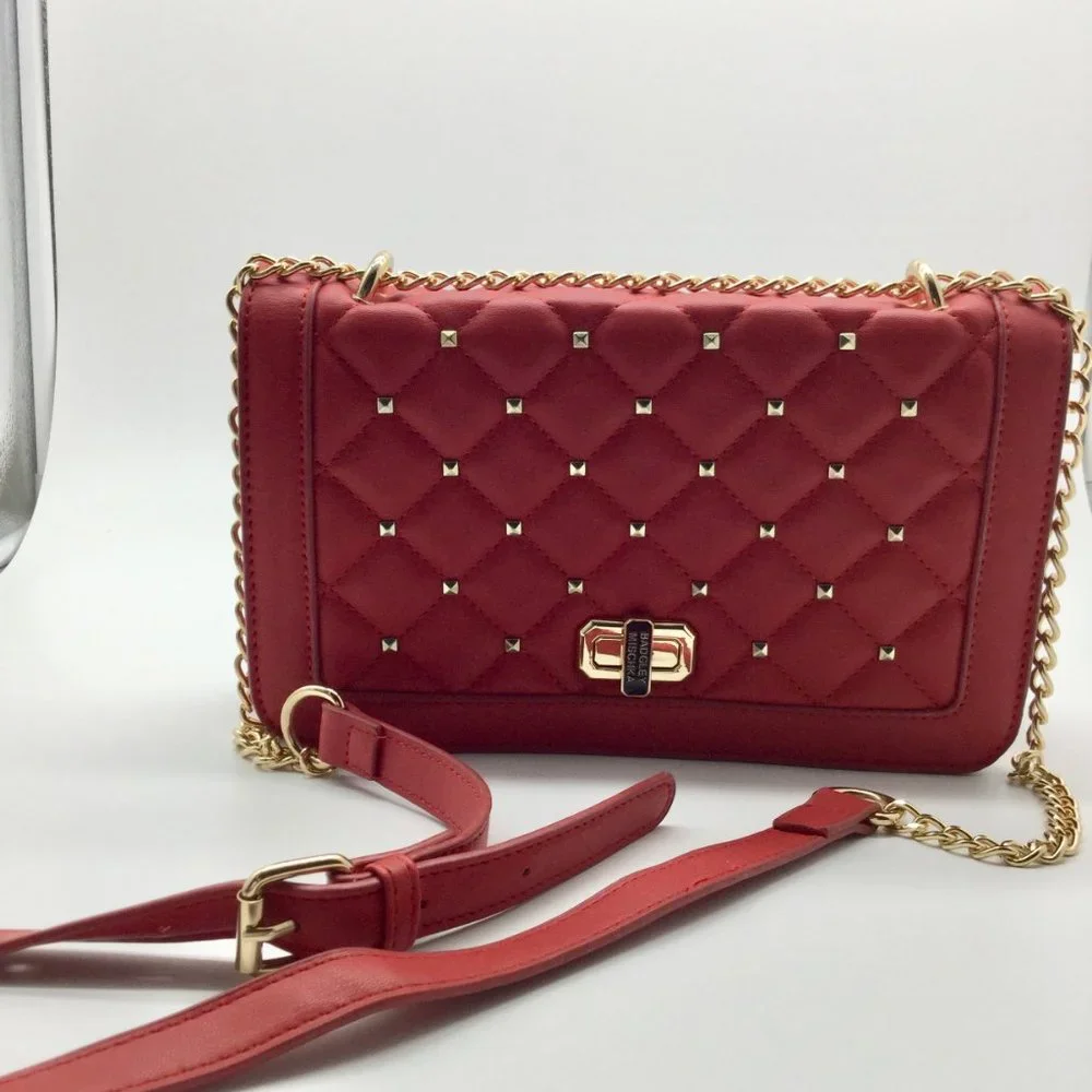 Badgley Mischka Red Quilted Flap Faux Leather Purse